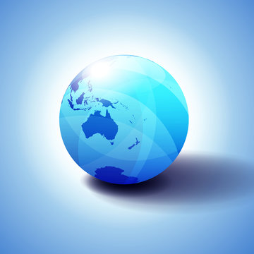 Australia and New Zealand, Globe Icon 3D illustration, Glossy, Shiny Sphere with Global Map in Subtle Blues giving a transparent feel