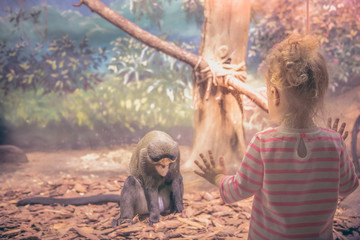 Child  looking at sad animal monkey in captivity © splendens