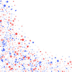 Flying red blue white star sparkles on white vector american patriotic background.