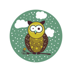 Cute shocked cartoon owl in winter. Snowfall and snowflakes. Isolated element in circle shape for greeting card design for holidays. Vector illustration