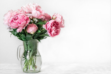 Still life with a beautiful bouquet of pink peony flowers. holiday or wedding background © samael334
