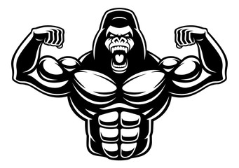 Black and white illustration of gorilla bodybuilder. © Harry Kasyanov