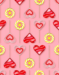 Seamless pattern of color lollipops in the form of hearts, circle on sticks. Pink background. Illustration.