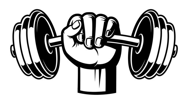 Black and white illustration of a hand with dumbbell.