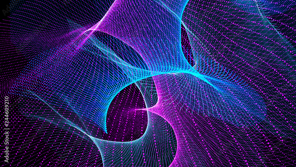 Poster clash of musical waves. interweaving of atomic particles in space. network connection structure. lar