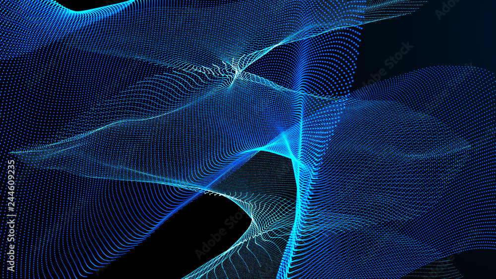 Poster clash of musical waves. interweaving of atomic particles in space. network connection structure. lar