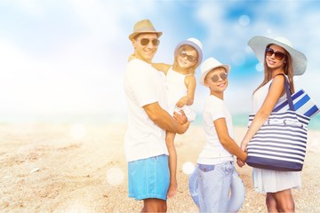 Happy family on vacations walking together