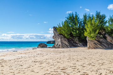 Rock formations and green foliage at Horseshoe Bay beach, on the island of Bermuda