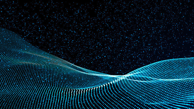 Music abstract background blue. Abstract polygonal low poly wave background with connecting dots and lines.Particle placement with hanging dots in space. Large data background .3d rendering.