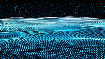 Music abstract background blue. Abstract polygonal low poly wave background with connecting dots and lines.Particle placement with hanging dots in space. Large data background .3d rendering.