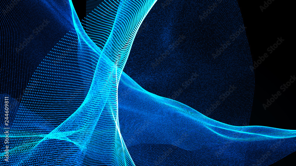 Poster clash of musical waves. interweaving of atomic particles in space. network connection structure. lar
