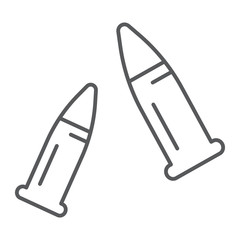 Bullets thin line icon, ammo and caliber, ammunition sign, vector graphics, a linear pattern on a white background.