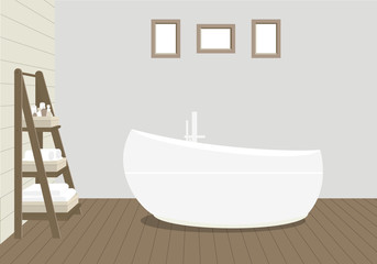 Fototapeta na wymiar Provencal style bathroom with a fashionable bath, a rack for towels and cosmetics, paintings on the wall. Wooden planks on the floor and a light blue wall. Vector illustration