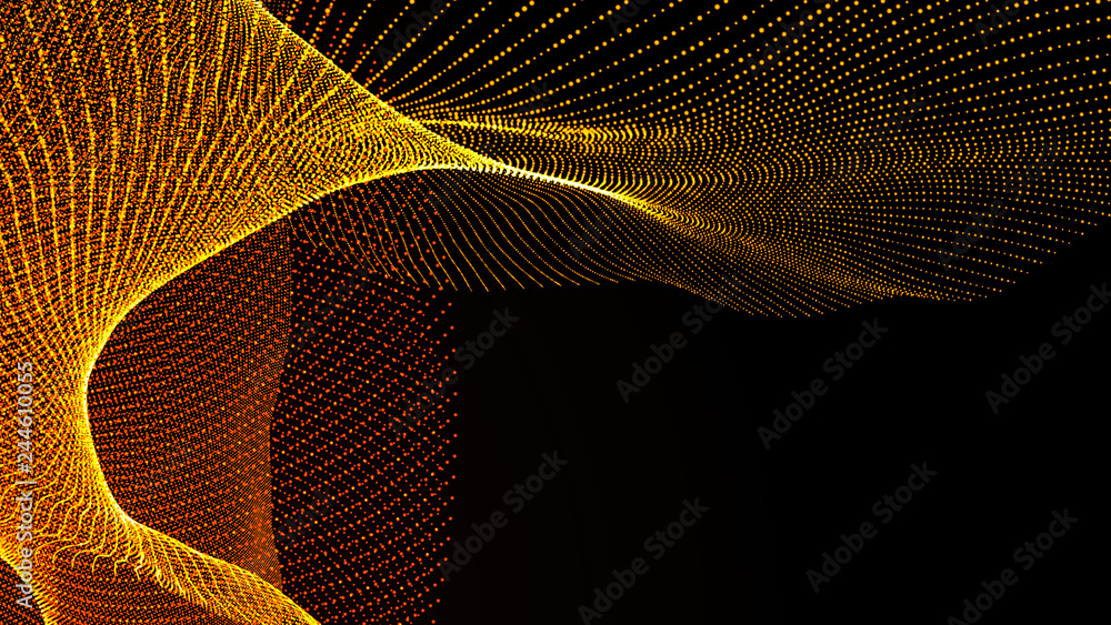 Poster clash of musical waves. interweaving of atomic particles in space. network connection structure. lar