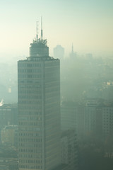 Urban landscape with smog. Aerial view of city with polluted air.