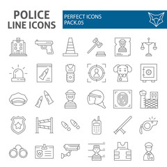 Police thin line icon set, security symbols collection, vector sketches, logo illustrations, safety signs linear pictograms package isolated on white background.