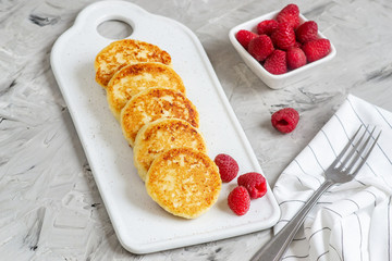 Cottage Cheese Pancakes with Raspberries, Healthy Breakfast, Traditional Food