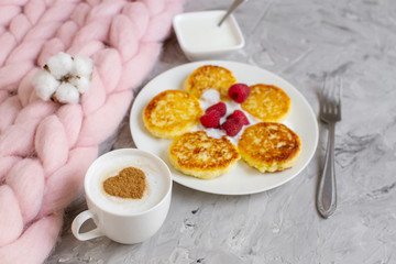 White Cup of Coffee Cappuccino with Heart Pattern of Cinnamon, Cottage Cheese Pancakes with Raspberries, Healthy Breakfast, Traditional Food, Valentines Day