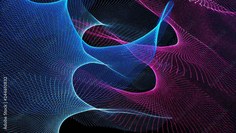 Poster clash of musical waves. interweaving of atomic particles in space. network connection structure. lar