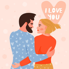 Valentine's day card with happy couple. Man hugging his lady. Text “I love you”. Vector illustration.