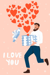 Valentine's day card with happy man. Man runs with a cute gift. Text “I love you” and many hearts. Vector illustration.
