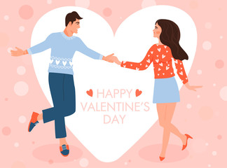 Valentine's day greeting card with dancing couple. Man and his girlfriend in love. Vector illustration.