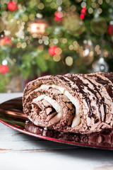 Belgian Chocolate Meringue Roulade filled with whipped cream and