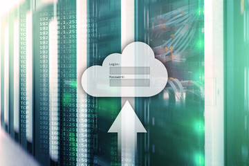 Cloud storage, data access, login and password request window on server room background. Internet...