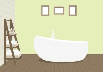 Fototapeta na wymiar Provencal style bathroom with a fashionable bath, a rack for towels and cosmetics, paintings on the wall. Wooden planks on the floor and a light green wall. Vector illustration