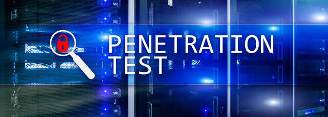Penetration test. Cybersecurity and data protection. Hacker attack prevention. Futuristic server room on background.