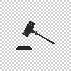 Judge gavel icon isolated on transparent background. Gavel for adjudication of sentences and bills, court, justice, with a stand. Auction hammer symbol. Flat design. Vector Illustration