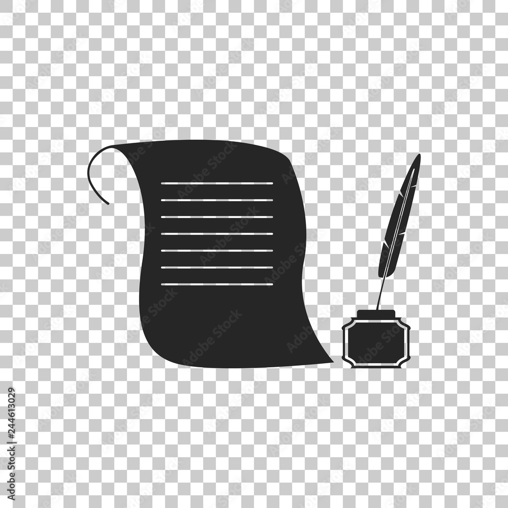 Poster feather in the inkwell and paper scroll icon isolated on transparent background. flat design. vector