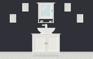 Provencal style bathroom with washbasin, wardrobe, paintings on the wall. Light gray wooden planks on the floor. Vector illustration