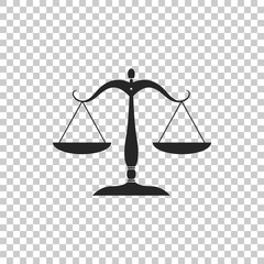 Scales of justice icon isolated on transparent background. Court of law symbol. Balance scale sign. Flat design. Vector Illustration