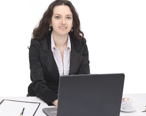 business woman working on laptop,sitting at her Desk