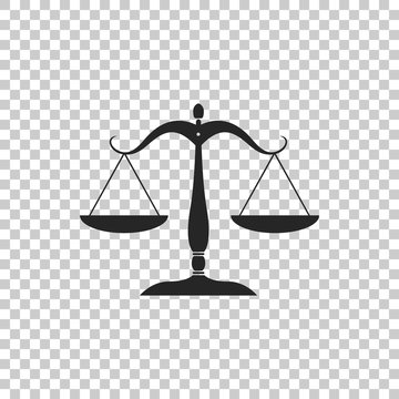 Scales of justice icon isolated on transparent background. Court of law symbol. Balance scale sign. Flat design. Vector Illustration