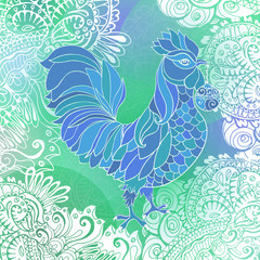 Blue and white winter typography square card with New Year 2017 doodle rooster, white ornament and snowflakes. Vector illustration