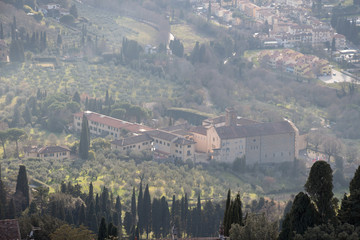 Aerial view of Badia Fiesolana Monastery in Fiesole, Tuscany, Italy.