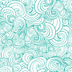 Fototapeta na wymiar Decorative ornamental turqiouse or blue waves in sketch style. Can be used for pillow fabric textile design. Vector seamless pattern