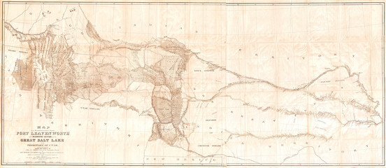 1852, Stansbury Map, Great Salt Lake to Fort Levenworth Route, Colorado, Utah, Wyoming, Kansas - obrazy, fototapety, plakaty