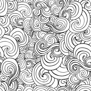 Seamless pattern with black and white stylized curls and waves for fabric textile design, pillow or wrapping. Vector illustration