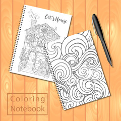 Spiral bound notepads or coloring book with pen and coloring pages pictures, wavy cover, house with cat. Vector template or mock up. Easy to place your image on the cover.Top view.