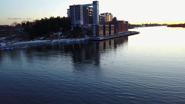 Drone flyby towards Stockholm over water 4