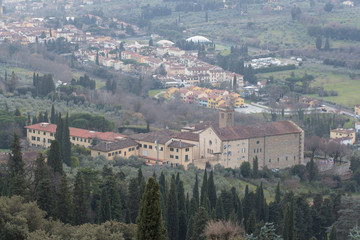 Aerial view of Badia Fiesolana Monastery in Fiesole, Tuscany, Italy.