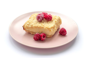 Slice of plain cheesecake. Raspberry cheesecake. 