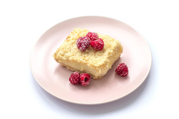 Slice of plain cheesecake. Raspberry cheesecake. 