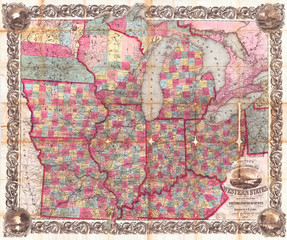 1854, Colton Pocket Map of Ohio, Michigan, Wisconsin, Iowa, Illinois, Missouri, Indiana and Kentucky
