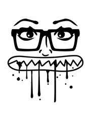 hübsch nerd girl weiblich hornbrille geek frau fressen hunger gesicht beißen zähne knirschen graffiti tropfen mund lustig comic cartoon clipart design - obrazy, fototapety, plakaty