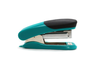 Stapler for office work plastic turquoise isolated on white background.