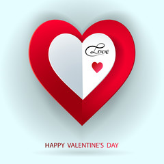 Valentine's day vector background with cut paper hearts and lettering Love. Beautiful festive backdrop